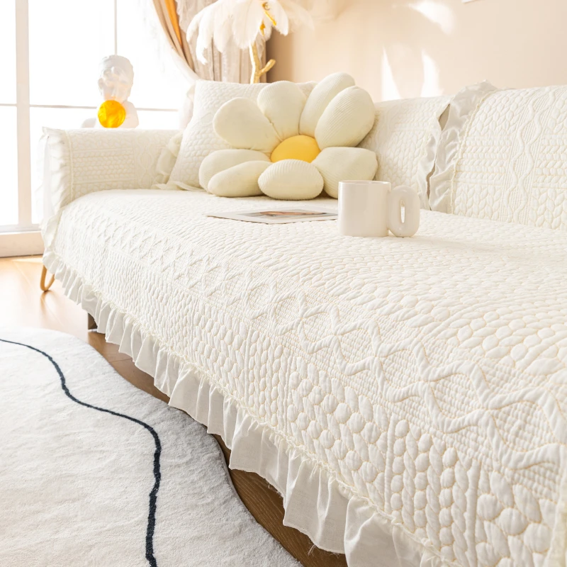 白色直排沙发垫四季通用防滑全棉布艺奶油风四季款沙发套罩盖布巾