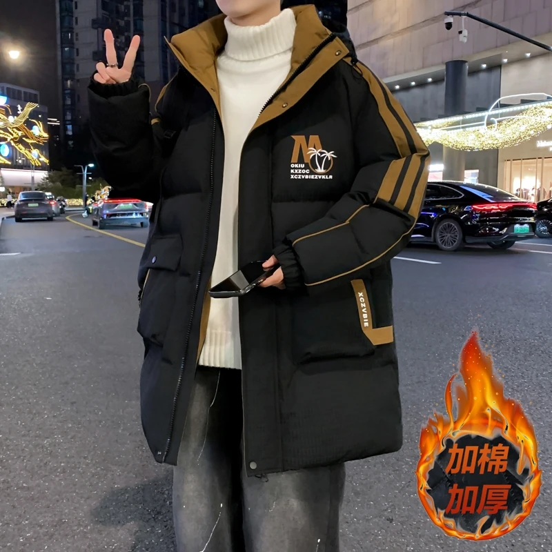 冬季中长款棉衣外套男孩初中高中学生羽绒棉服青少年大童保暖棉袄