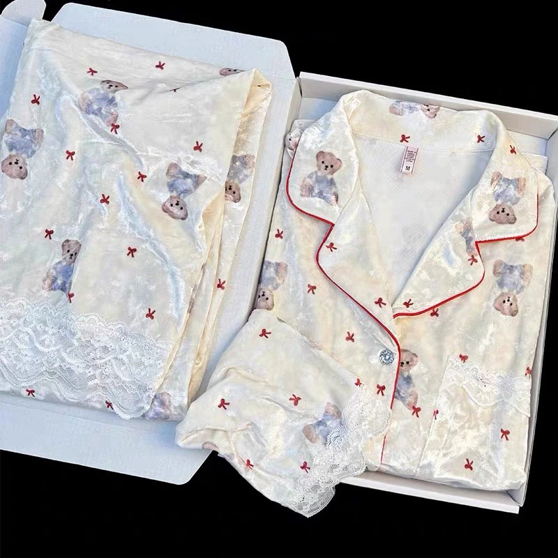 高级感金丝绒睡衣女春秋款长袖可爱卡通保暖冬季开衫家居服套装