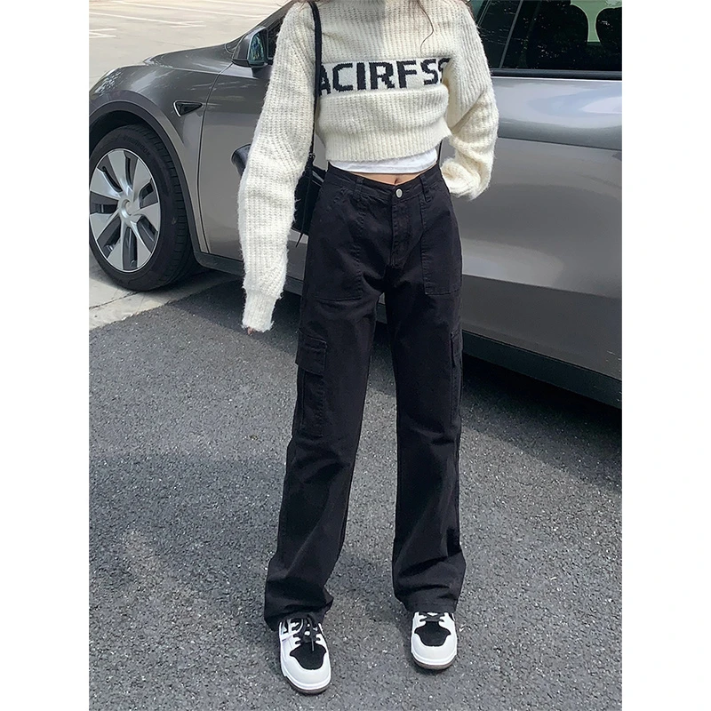 加绒黑色窄版工装裤女秋冬2025年新款宽松显瘦高腰美式直筒休闲裤