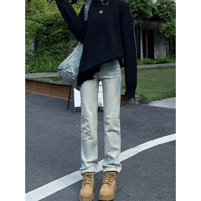 复古高腰窄版直筒牛仔裤女夏季2025年新款宽松显瘦百搭弹力烟管裤