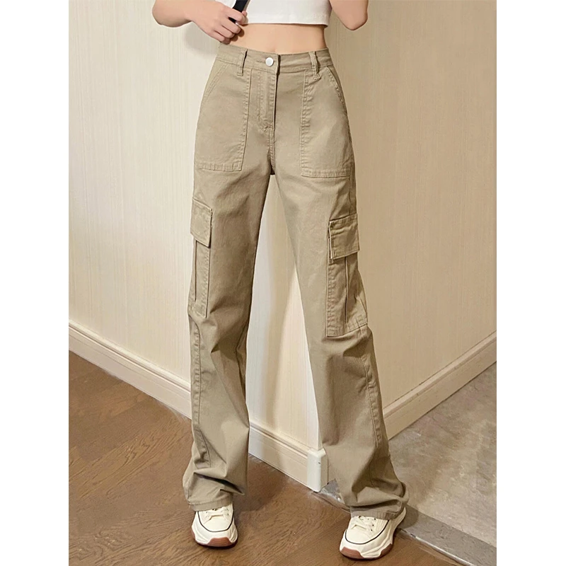秋冬加绒新款卡其色高腰直筒工装裤女宽松显瘦多口袋阔腿长裤子
