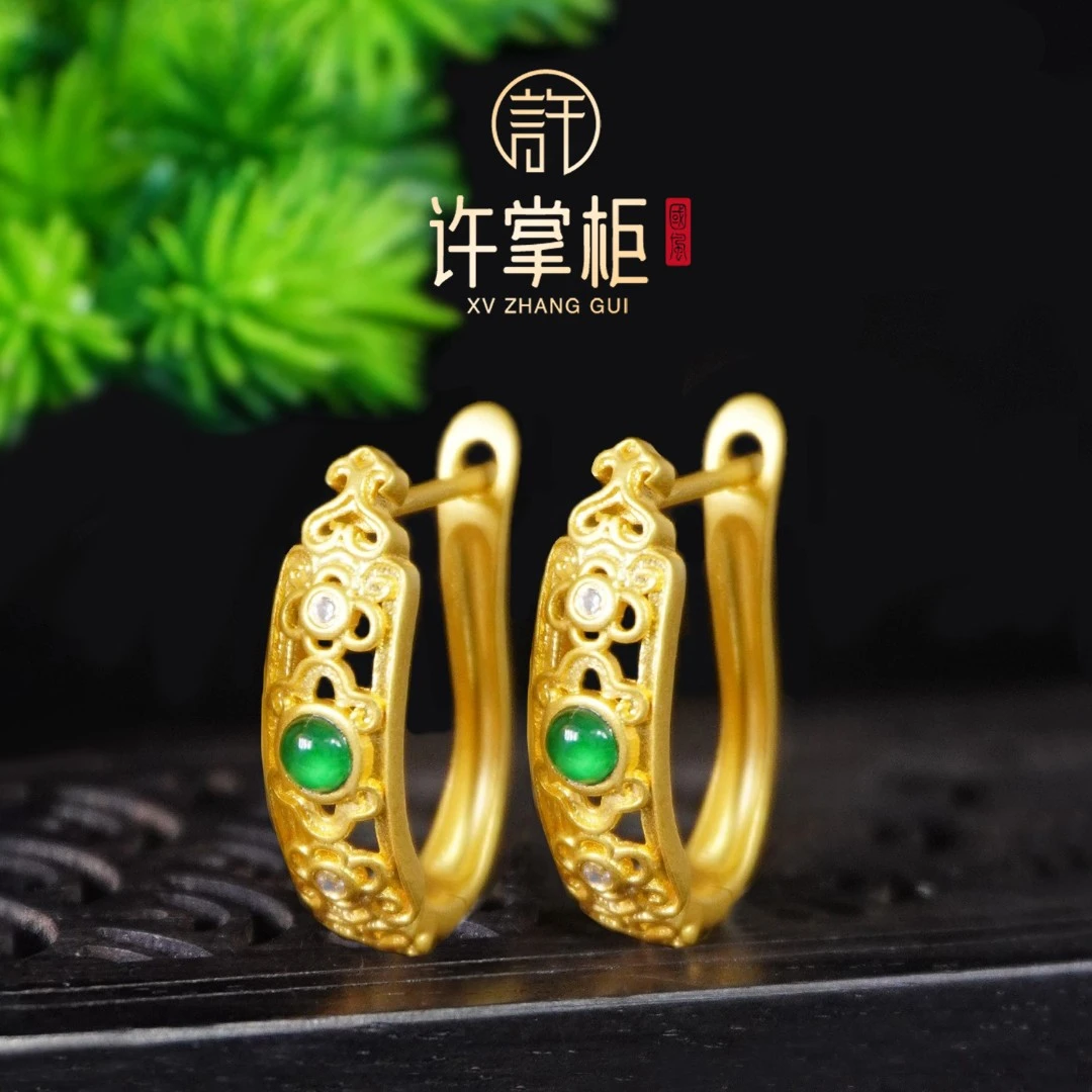 许掌柜｜18K金镶嵌耳扣耳饰天然翡翠A货原创设计精致百搭古法气质