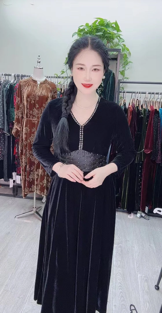 中老年束腰v领连衣裙大码高端女装时尚