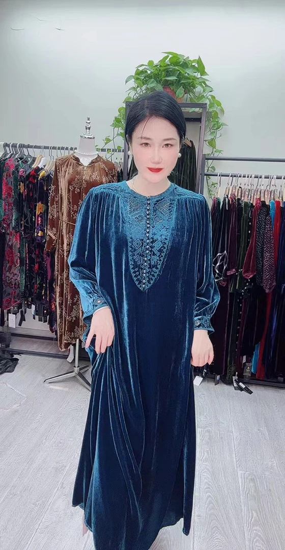 中老年桑蚕丝9796蓝色连衣裙大码高端女装时尚