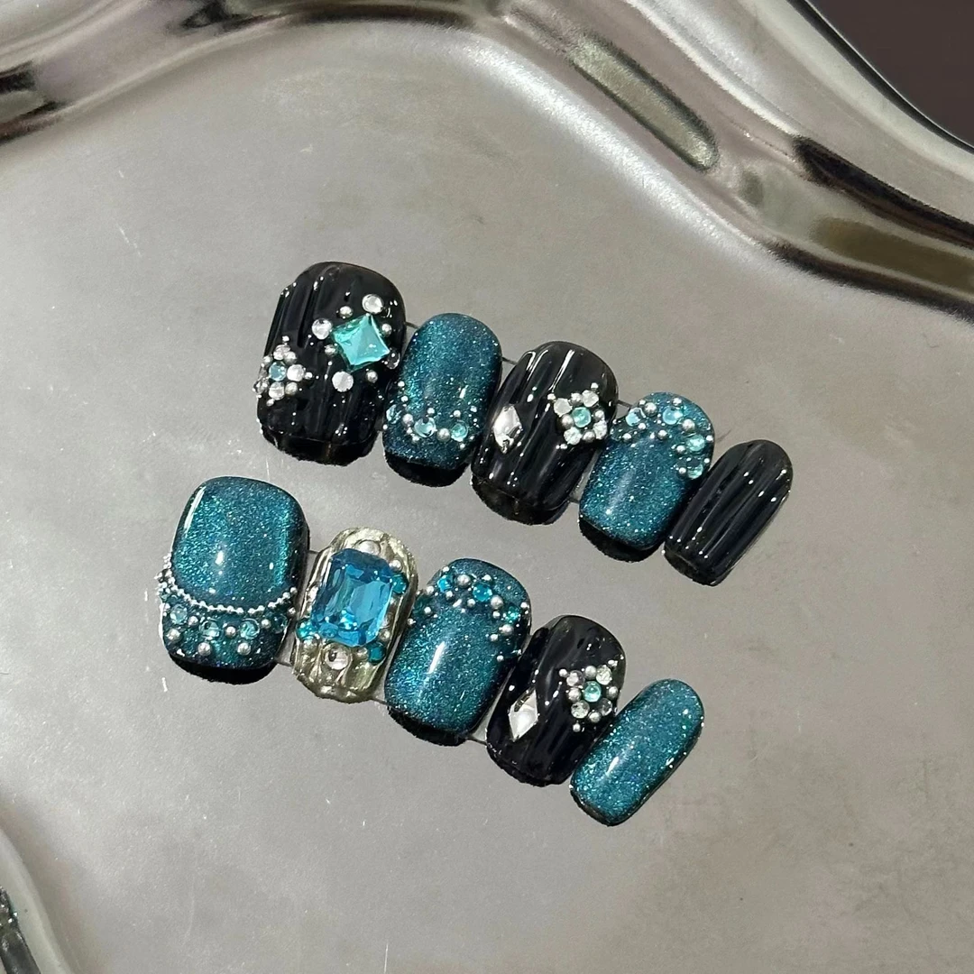 复古重工蓝宝石彩钻手工穿戴甲爆闪轻奢堆钻短甲成品可拆卸假指甲