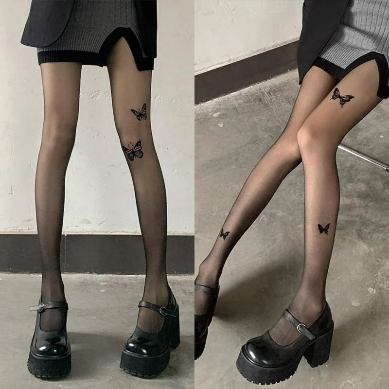 蝴蝶印花肉色丝袜女辣妹纯欲白丝薄款防勾丝打底连裤袜百搭显瘦