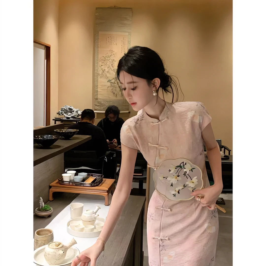 2024春夏粉黛新中式旗袍立领斜插盘扣连衣裙