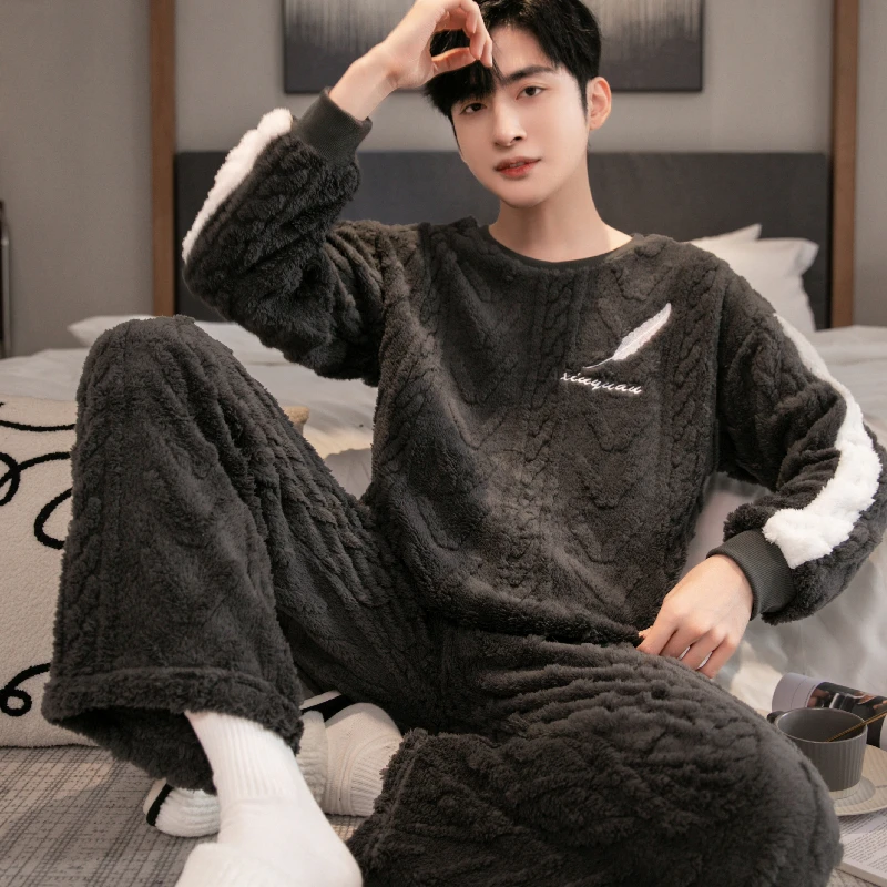 可外穿提花睡衣休闲男冬季加厚加绒冬天保暖青少年长袖家居服套装