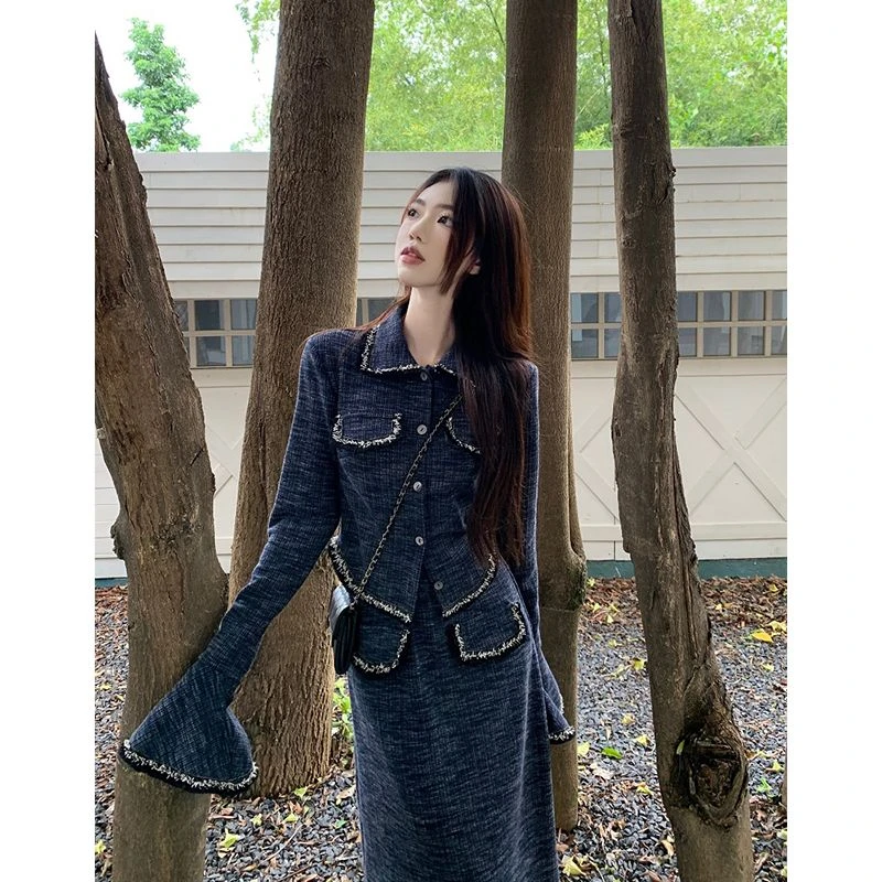 法式高级感收腰显瘦喇叭长袖外套长款半身裙女秋季2023新款两件套