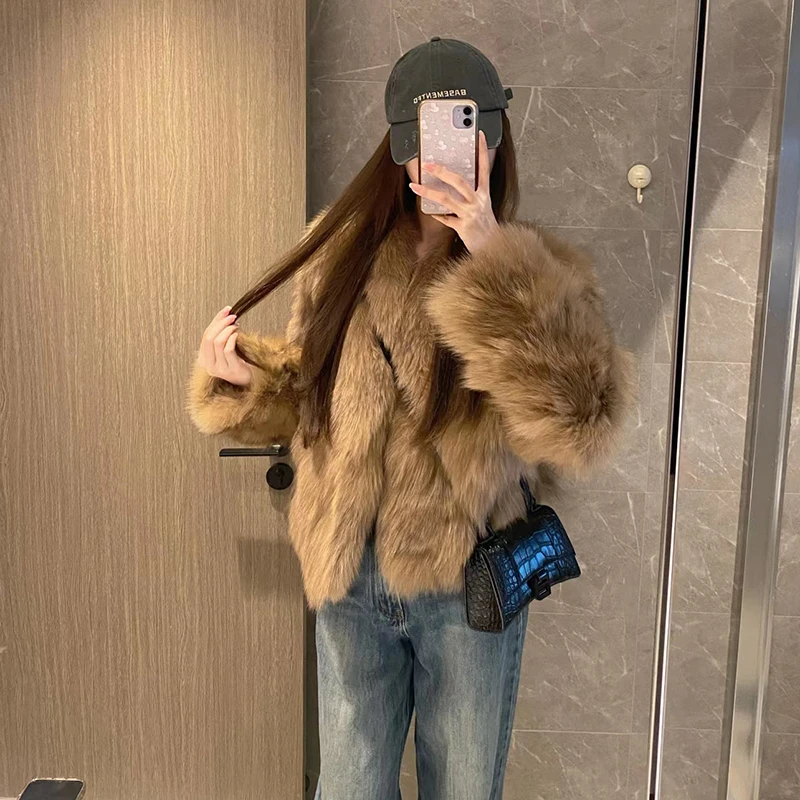 瑞秋【霜华映月】2024冬进口狐狸腹毛晕染霜色V领短款狐狸毛外套女