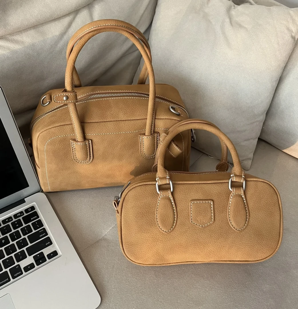 韩系小众保龄球包小号波士顿包配鎏银五金mini斜挎手提小方包包女