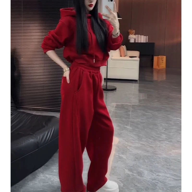 2024冬季新款时尚洋气韩版遮肉显瘦加绒连帽卫衣卫裤休闲两件套