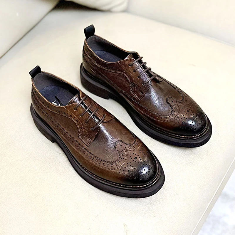 英伦风布洛克雕花男鞋厚底增高新郎结婚真皮复古正装商务休闲皮鞋