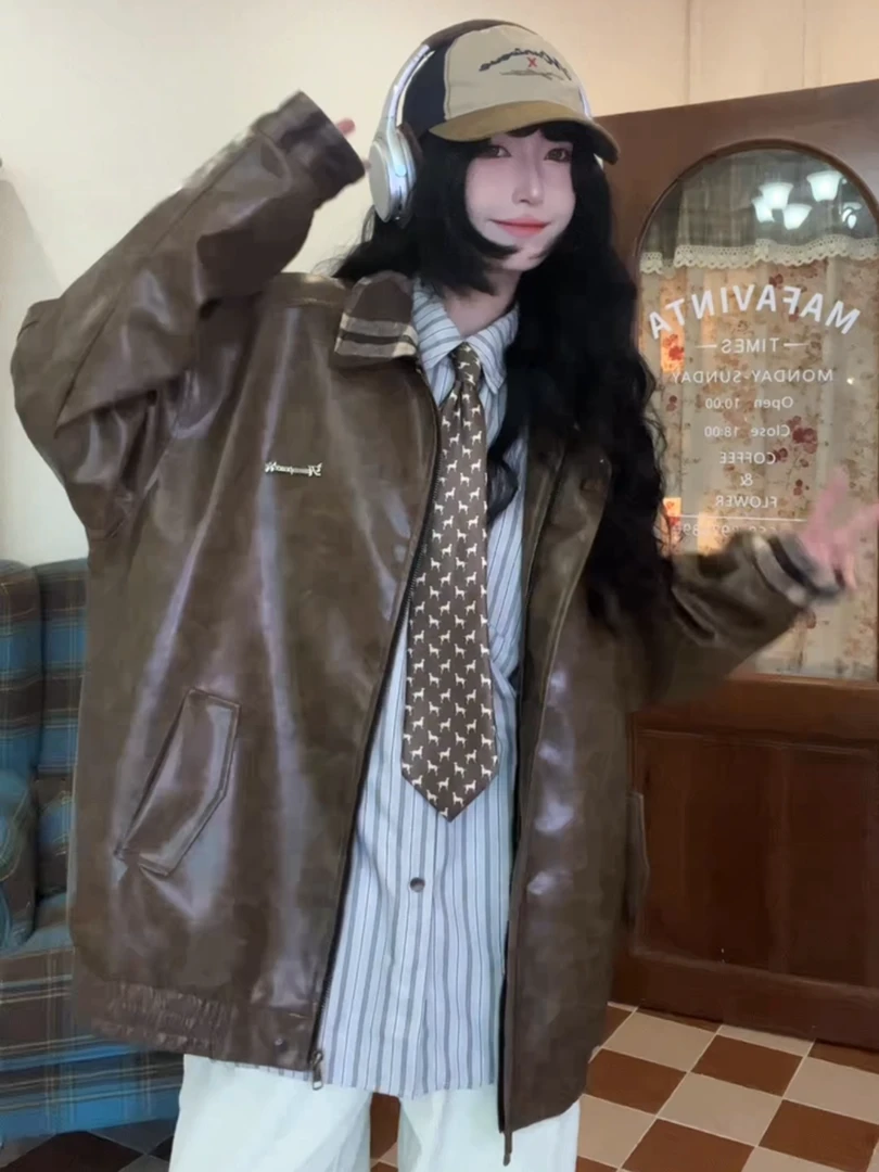 美拉德复古皮衣外套潮牌格子领皮夹克棕色90年代棕色皮衣做旧上衣