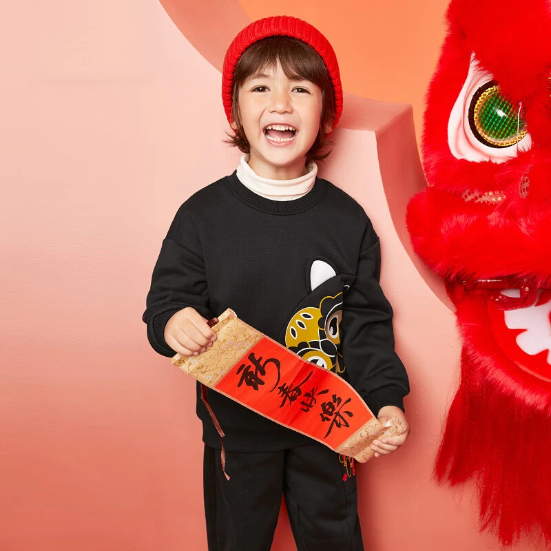 361°童装加厚套头卫衣加绒保暖新年装男童冬新款上衣小童红色上衣