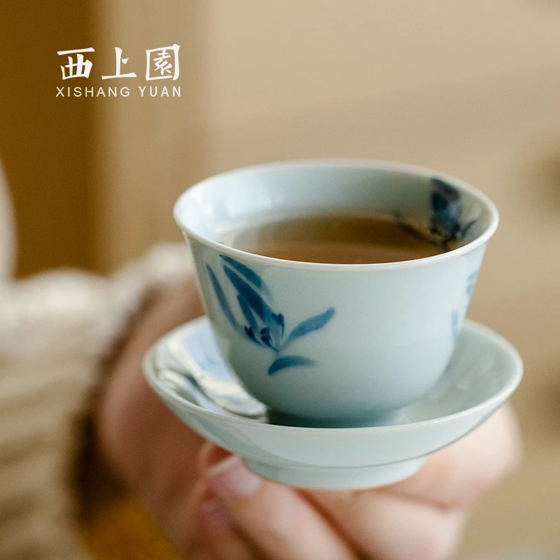 陶瓷手绘兰花品茗杯单个茶杯闻香杯子茶盏杯垫新中式功夫茶具清新