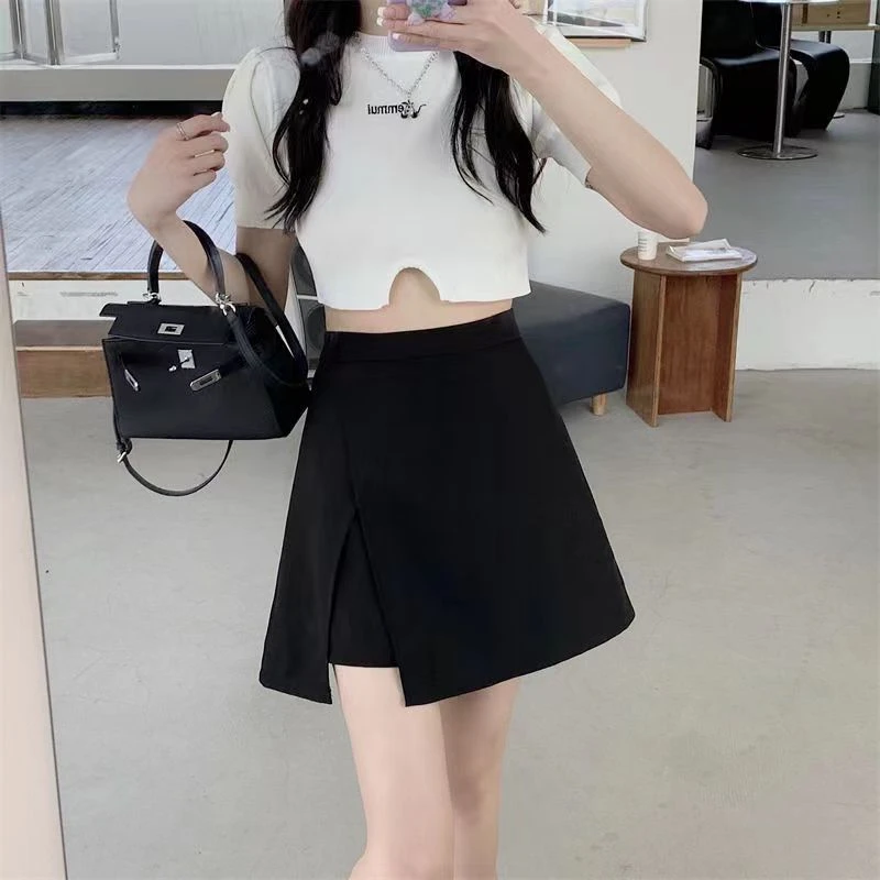 新款夏黑色开叉半身裙A字高腰显瘦垂感大码短裙遮肉防走光夏季