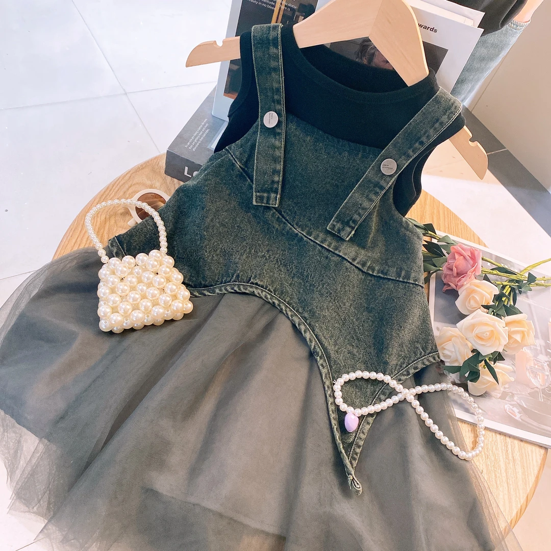 M女童洋气套装 韩系时尚牛仔拼接软纱裙夏季百搭两件套8198