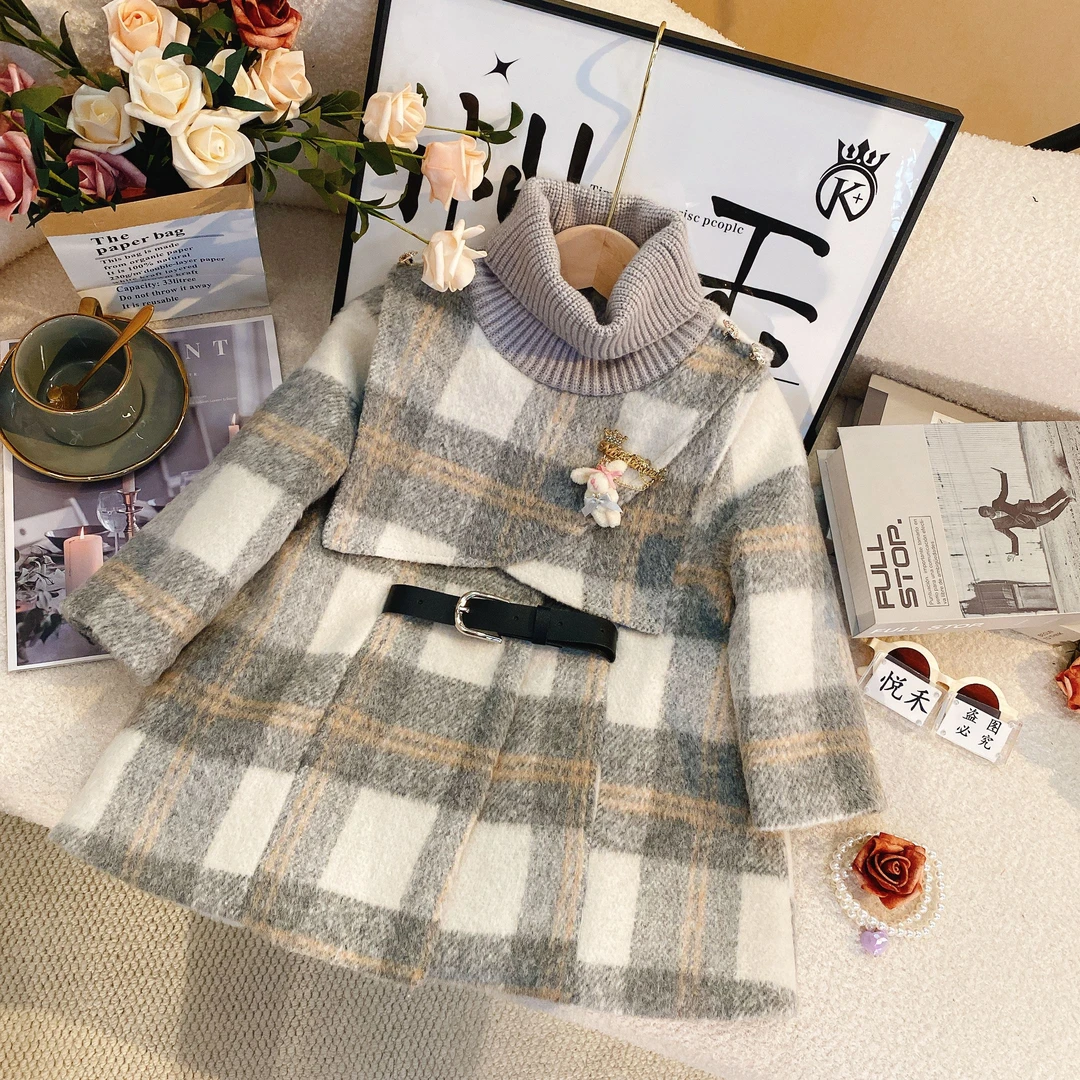 M2024新款女宝时尚格子毛领外套秋冬女童装时髦洋气套装6305