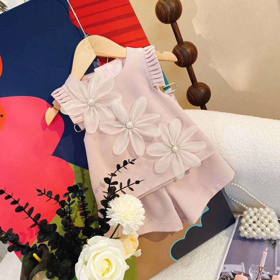 M女童粉色夏季新款儿童韩版时尚休闲裙子可爱无袖洋气花朵裙8296