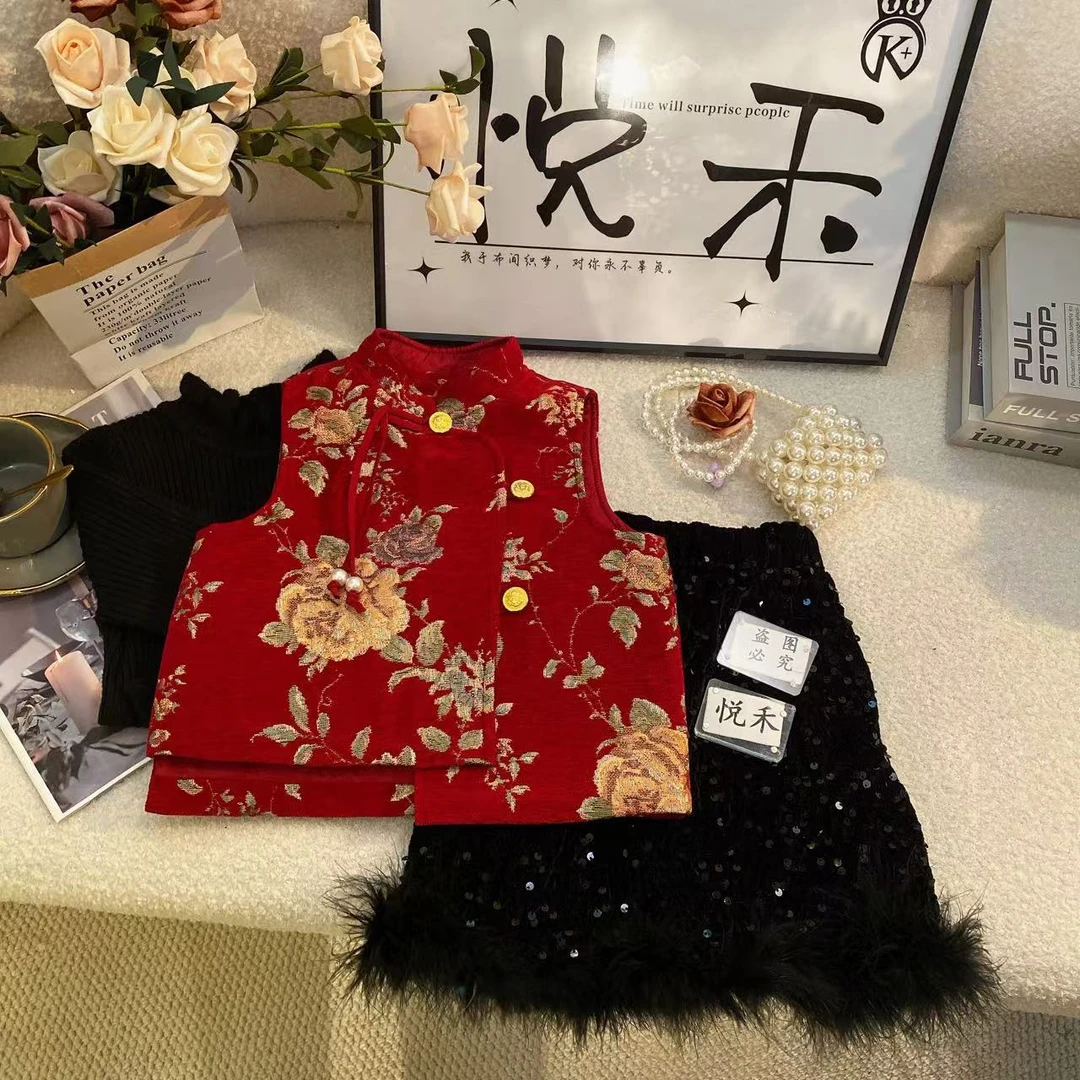 M萌娃冬装牡丹花开 新中式洋气马甲亮闪加绒毛衣套装6400