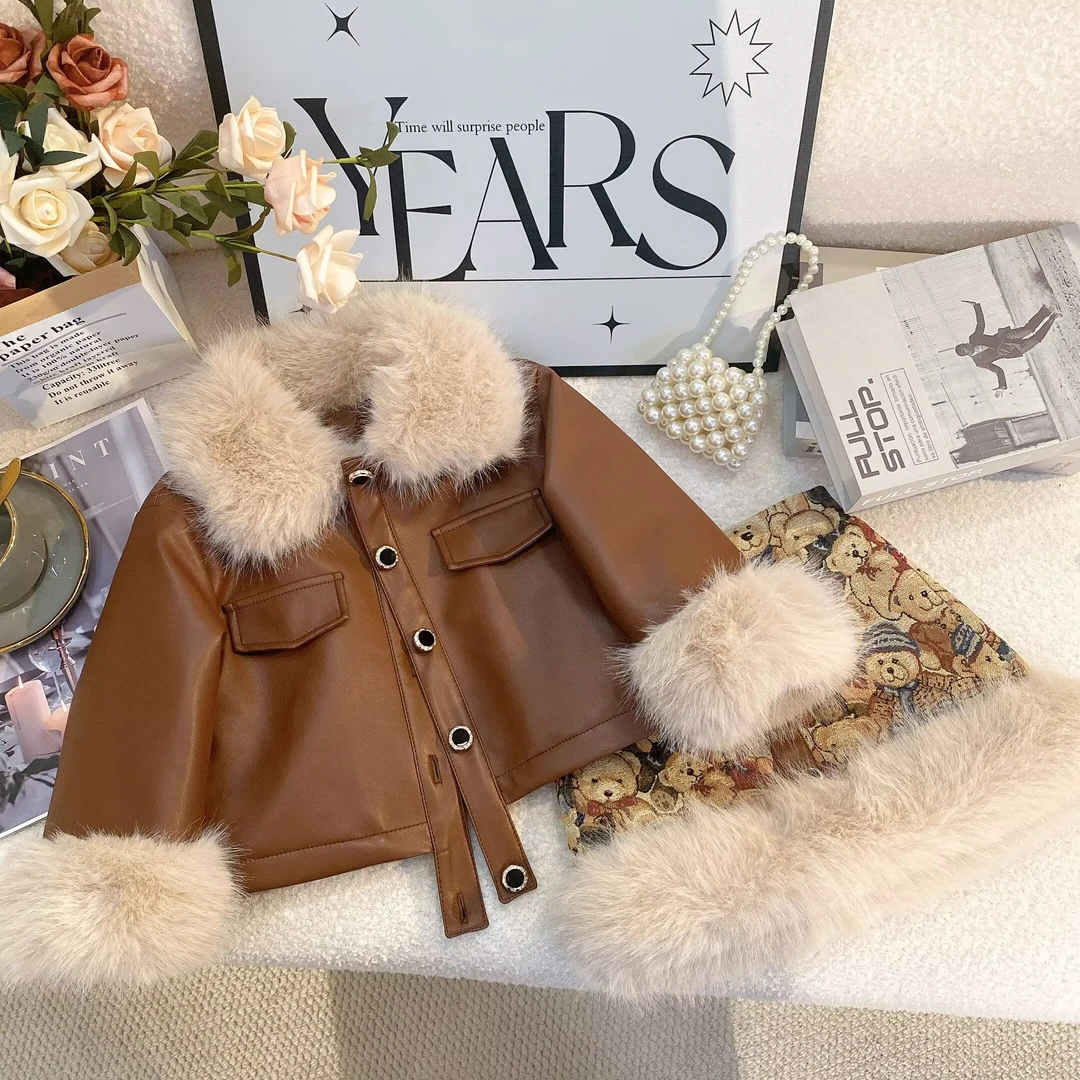 2024冬款加绒皮衣套装焦糖色洋气女童大毛领半裙两件套6103