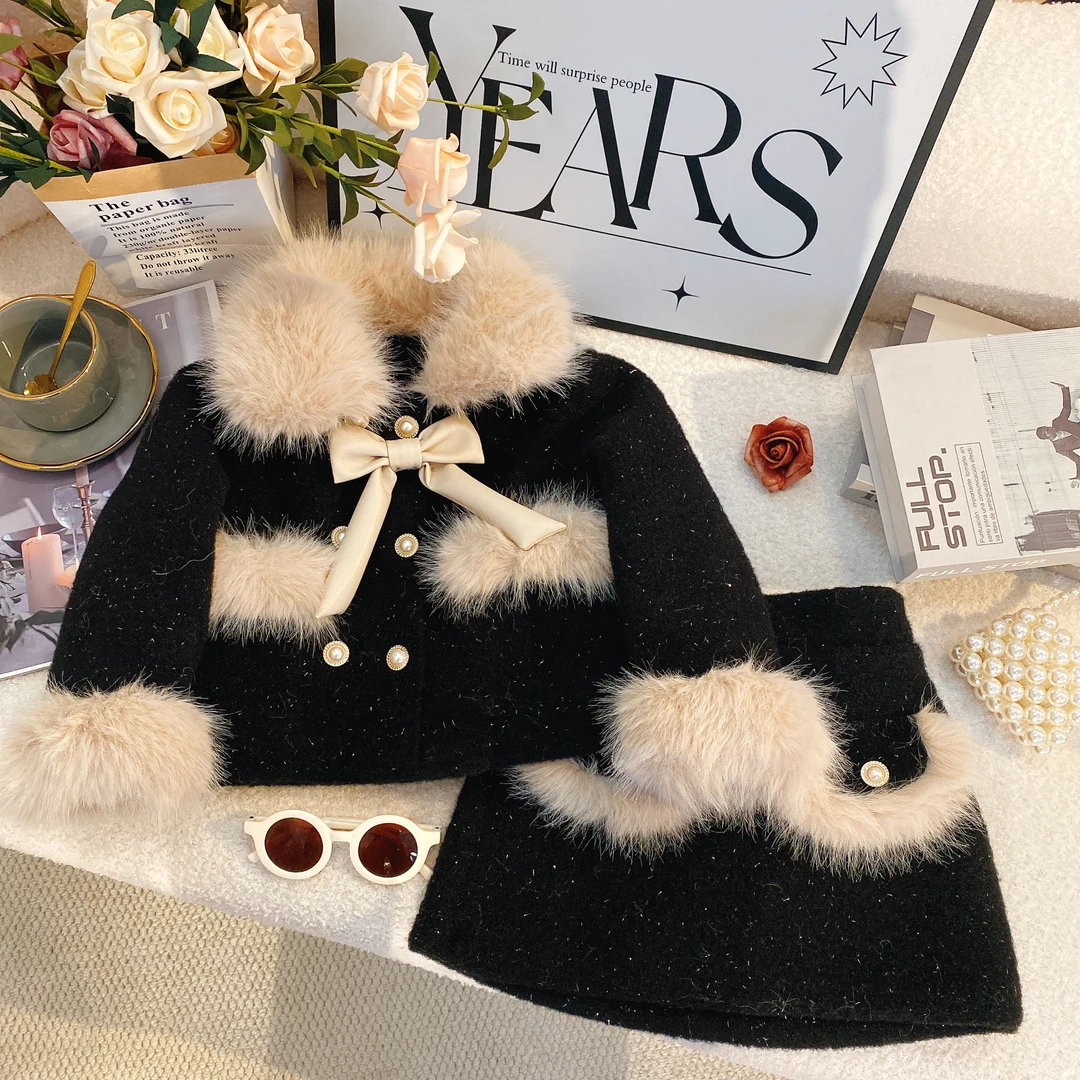 M女宝时尚加绒保暖外套短裙2024冬装新款女童法式小香风套装6222