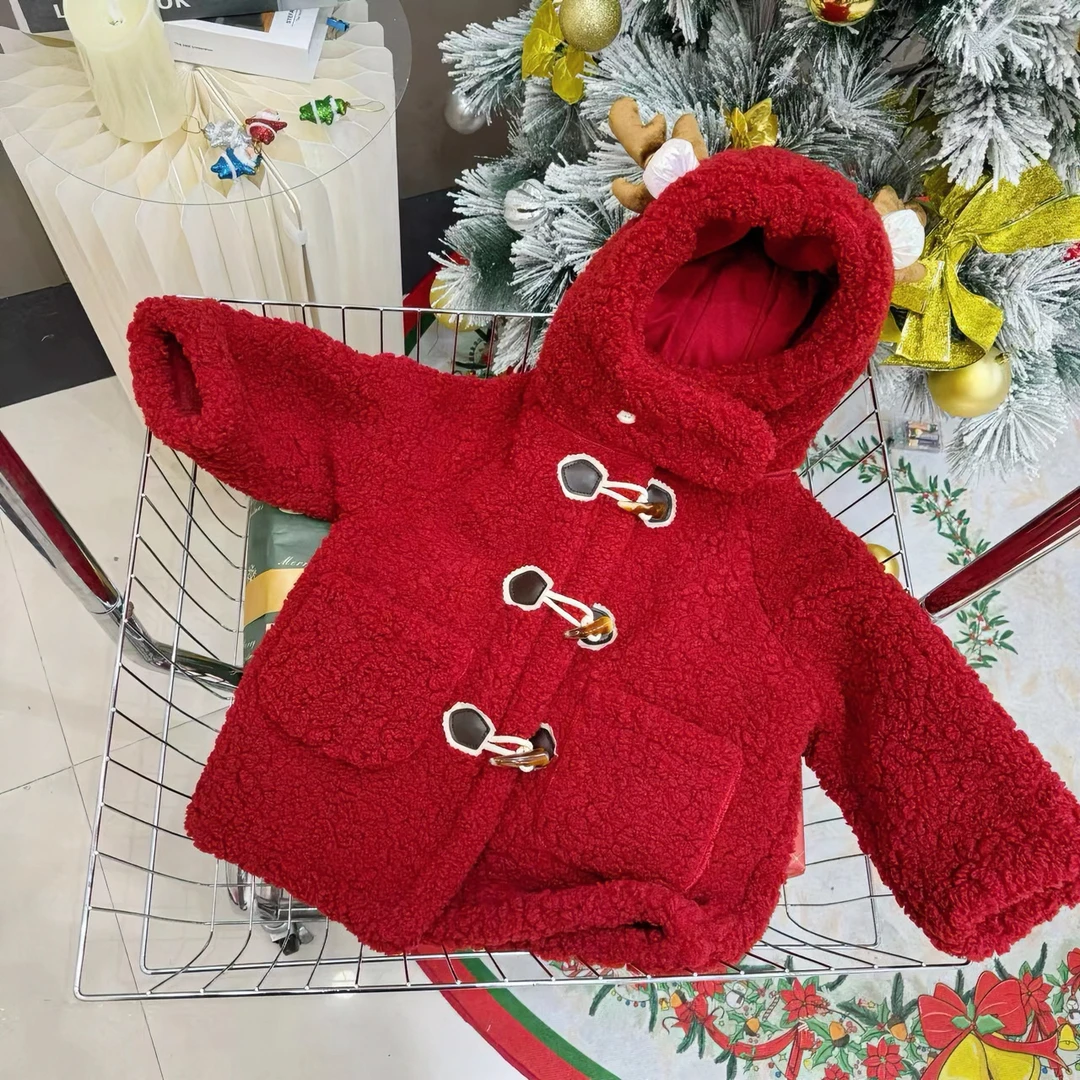 M冬季女童可爱龙角洋气红色中长款大衣外套8033