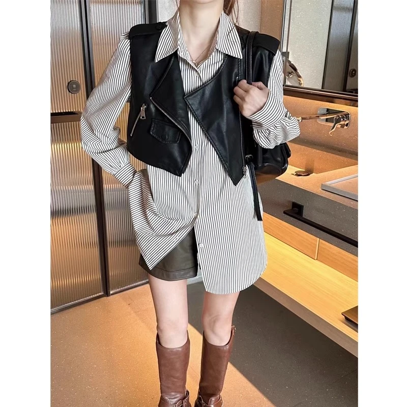 赫本风套装女秋季2023休闲条纹衬衣搭配短款皮马甲上衣两件套9367