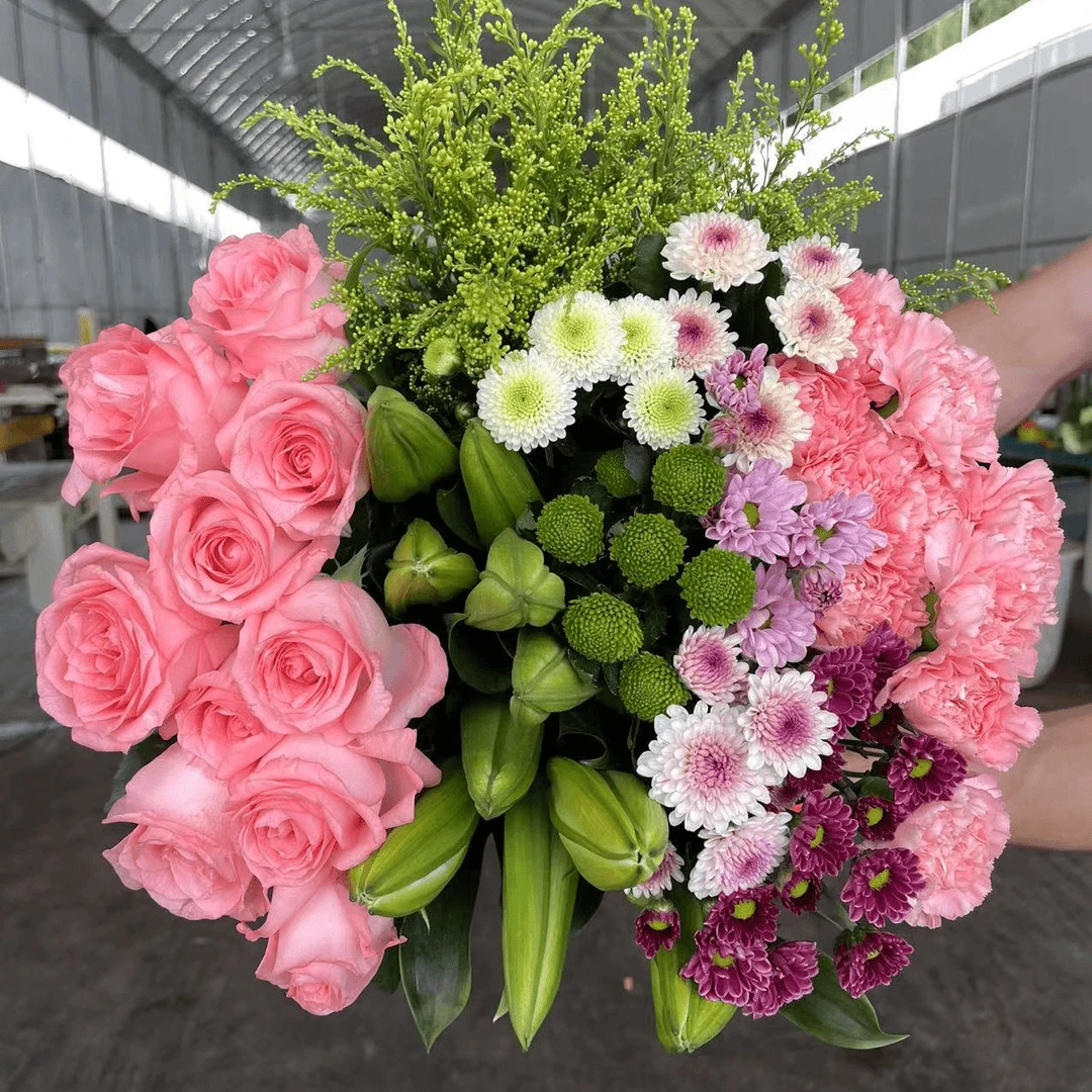 【源头优选】 玫瑰6只+百合5朵+康乃馨8只+小雏菊3只+配草鲜花