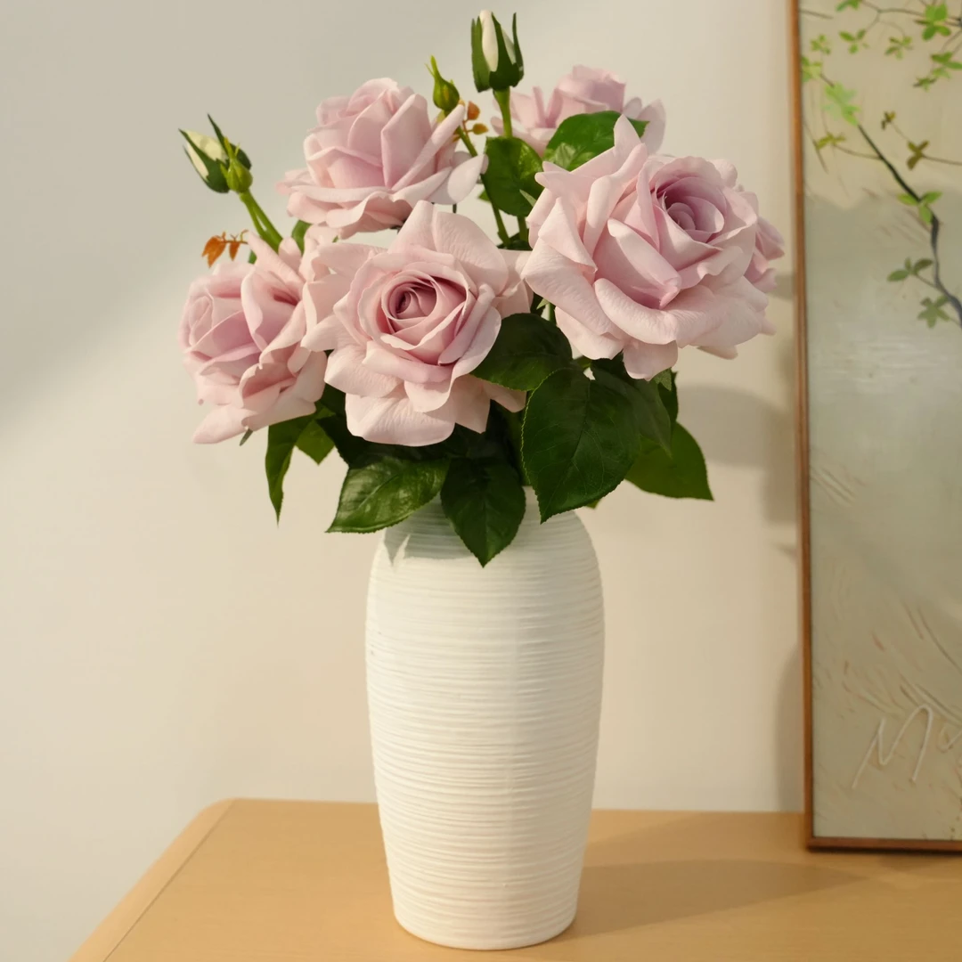 玫瑰花 粉紫色 手感保湿 仿真花 叶子也是手感 高级假花 餐桌花