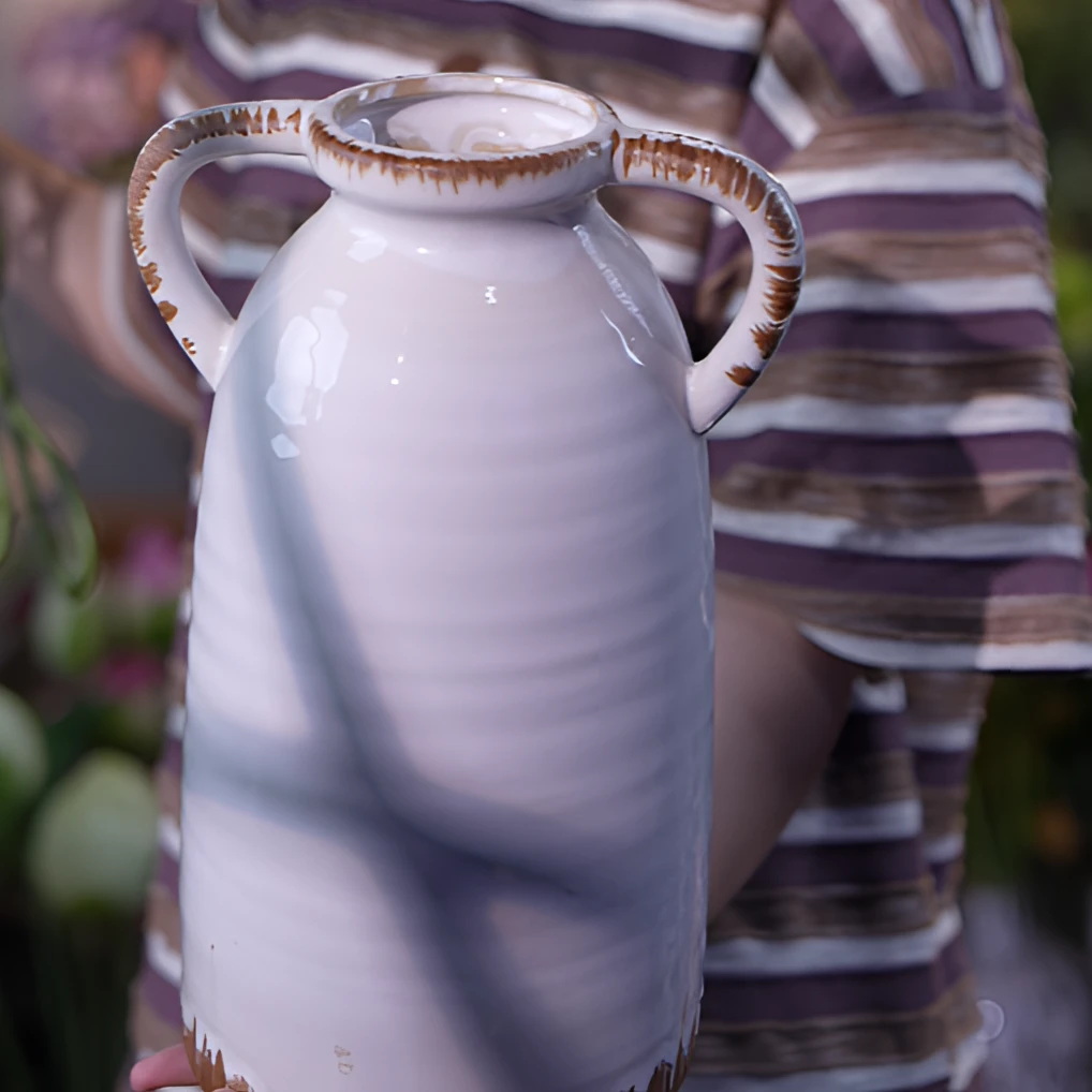 做旧双耳陶瓷花瓶 重工做旧复古美式花瓶 大号花瓶 可水培