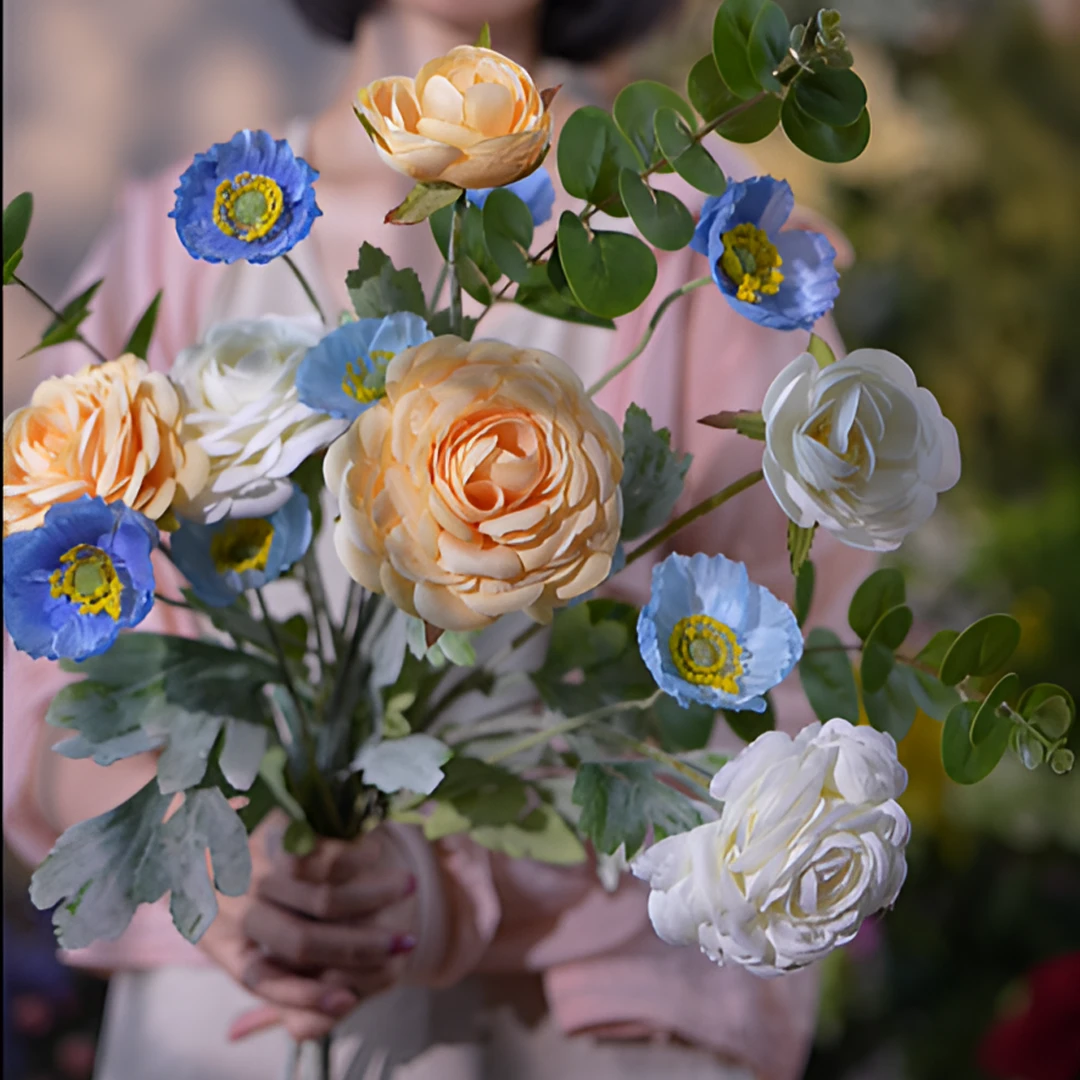 （知音）花束 仿真花 植绒露莲虞美人 5支花材闪现花束