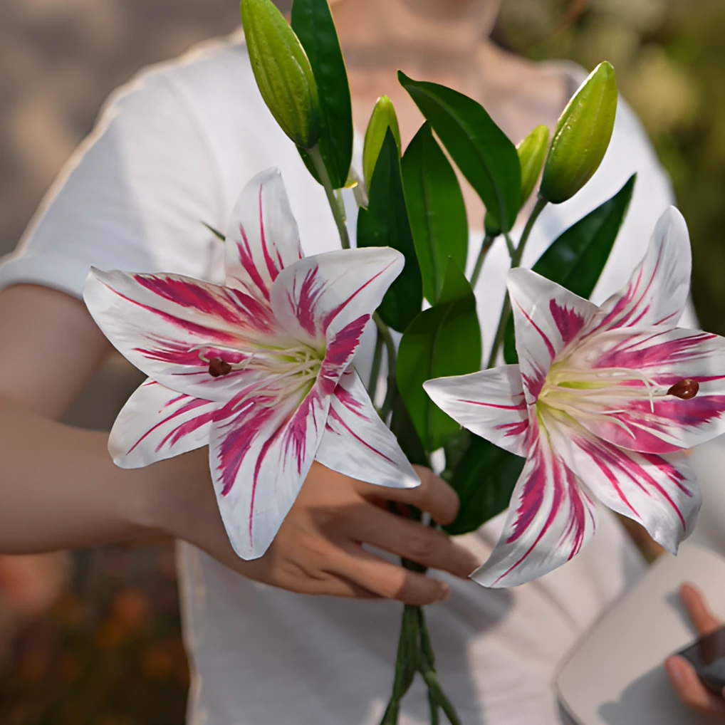 粉色百合花 仿真花 假花 绢布材质 可水洗 餐桌花 斗柜 玄关花