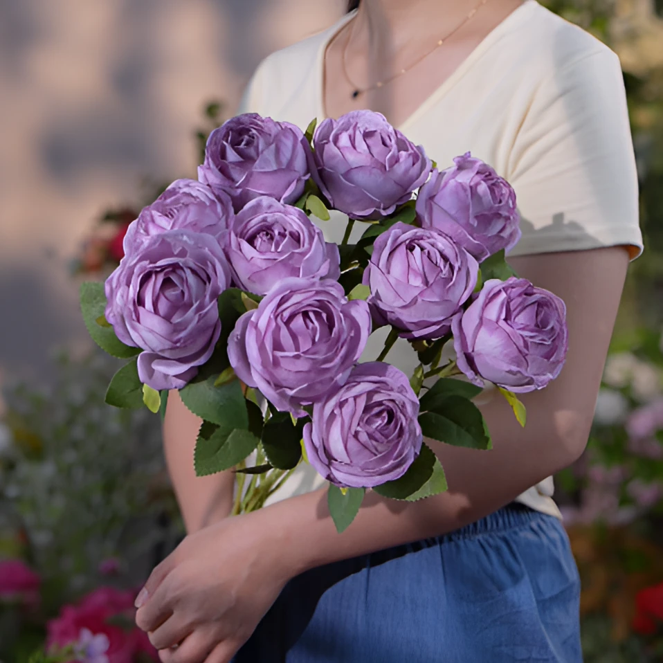紫色焦边玫瑰 仿真花焦边大单头 餐桌系列高端假花 浪漫春色系列