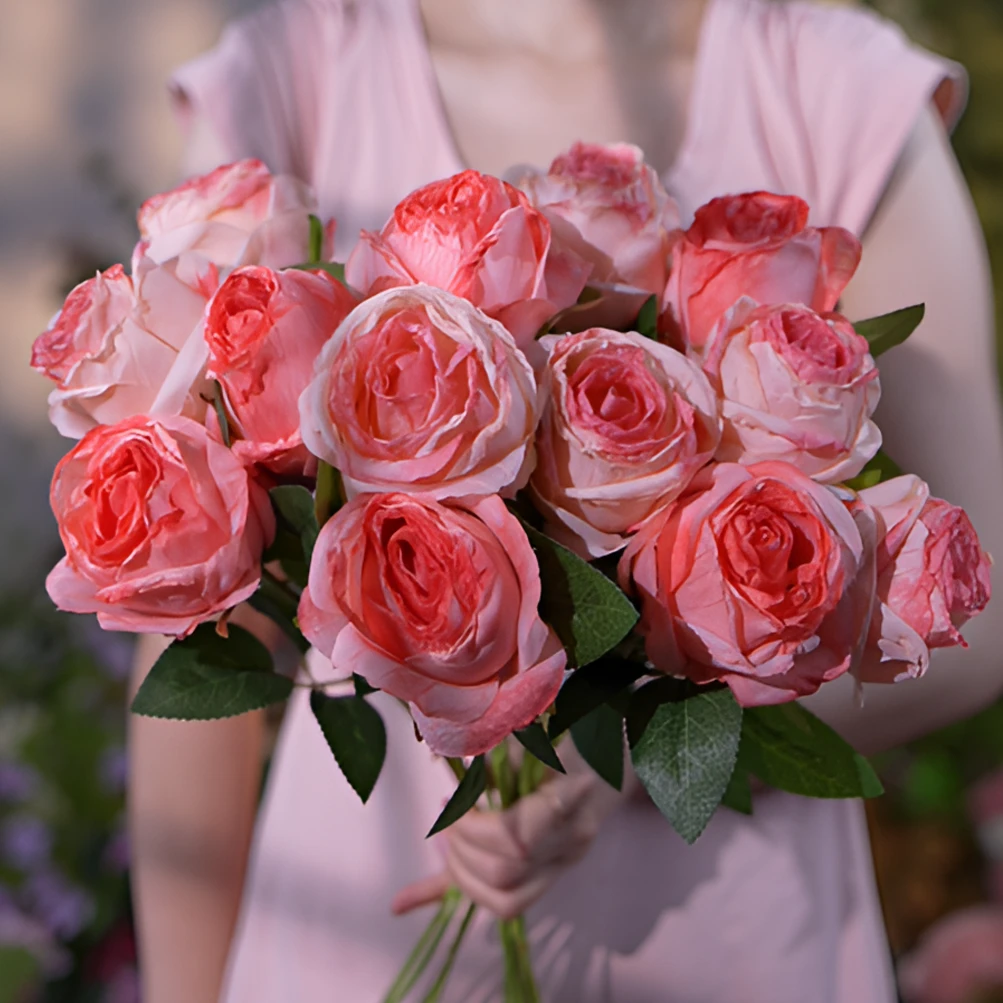 大头焦边玫瑰混色 深粉色 浅粉色玫瑰花 仿真花 假花 餐桌花