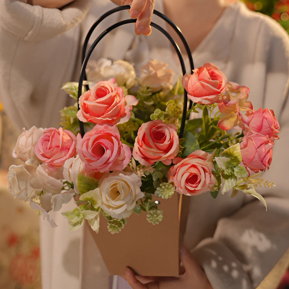 手捧花 四支多头混色玫瑰 浪漫唯美系列 仿真花花篮