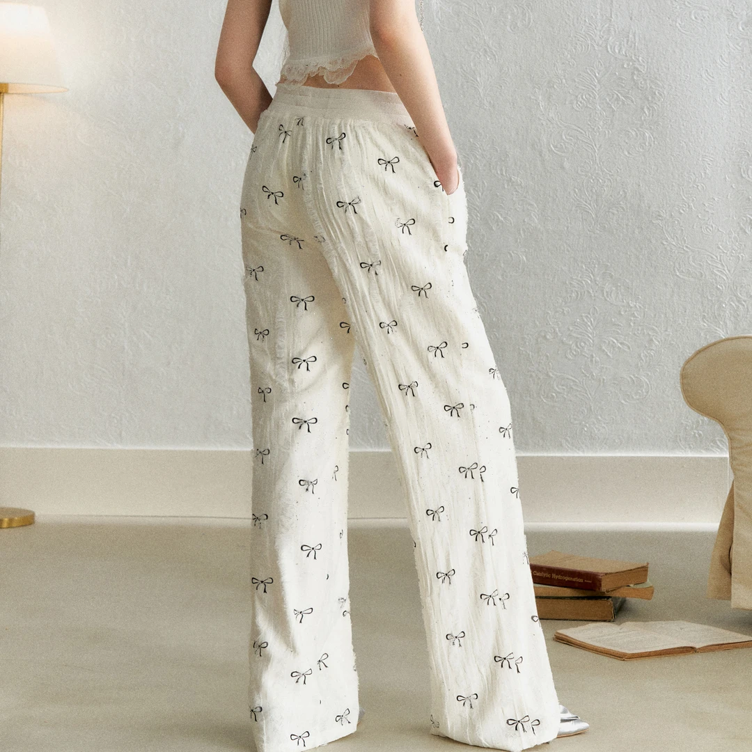 AYF肌理蝴蝶结休闲裤复古设计感宽松垂感直筒慵懒风休闲长裤女