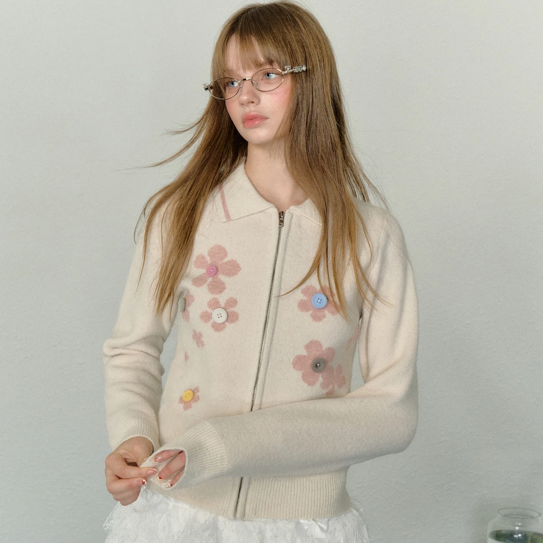 AYF提花纽扣毛衣 秋冬复古甜美慵懒风针织开衫修身翻领短款毛衣女