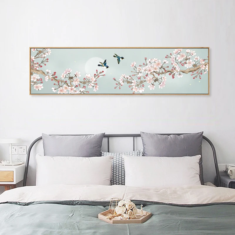 新中式卧室床头画装饰画横幅花鸟墙画客厅沙发背景墙挂画海棠花画