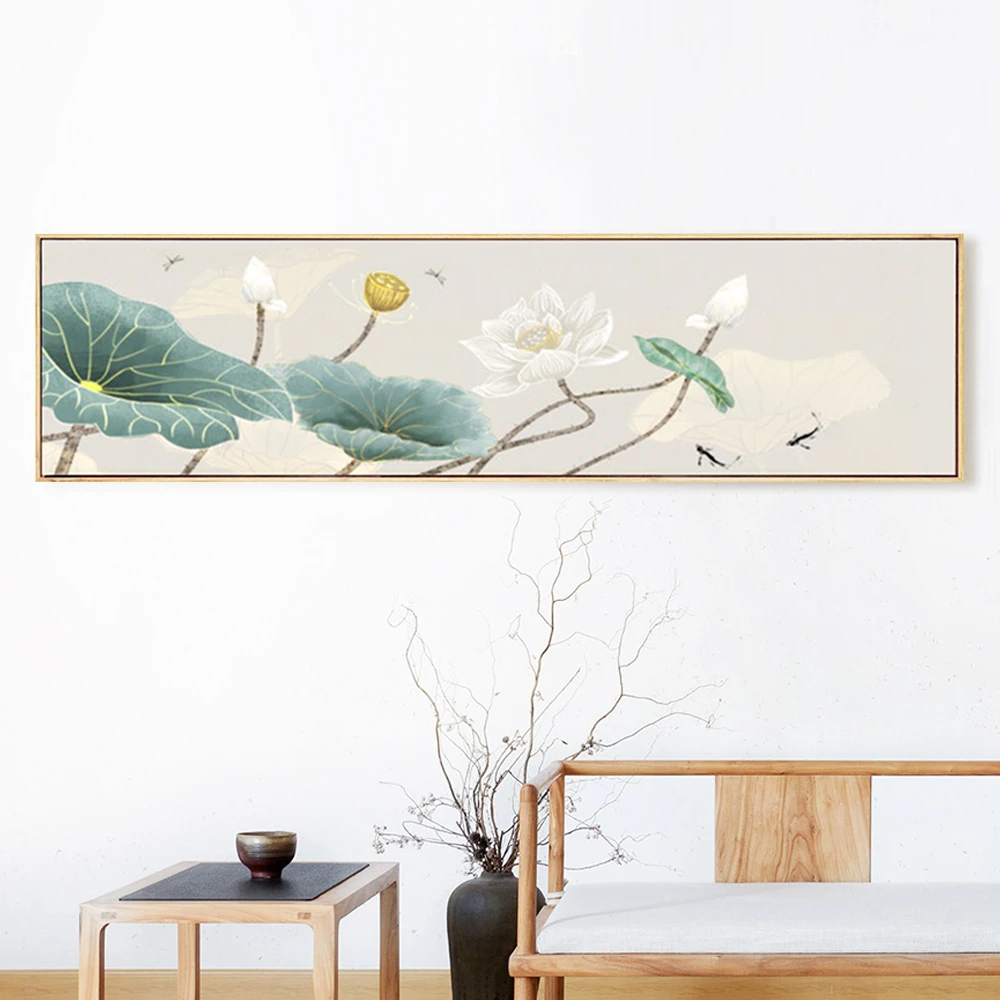 新中式清新荷花卧室床头画装饰画客厅沙发背景墙挂画莲花横幅壁画