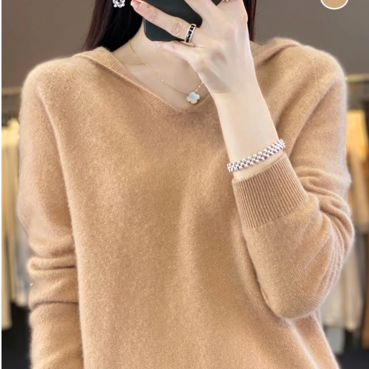 【支持质检 一线成衣工艺】早秋新款 女连帽100%纯羊毛衫 针织上衣