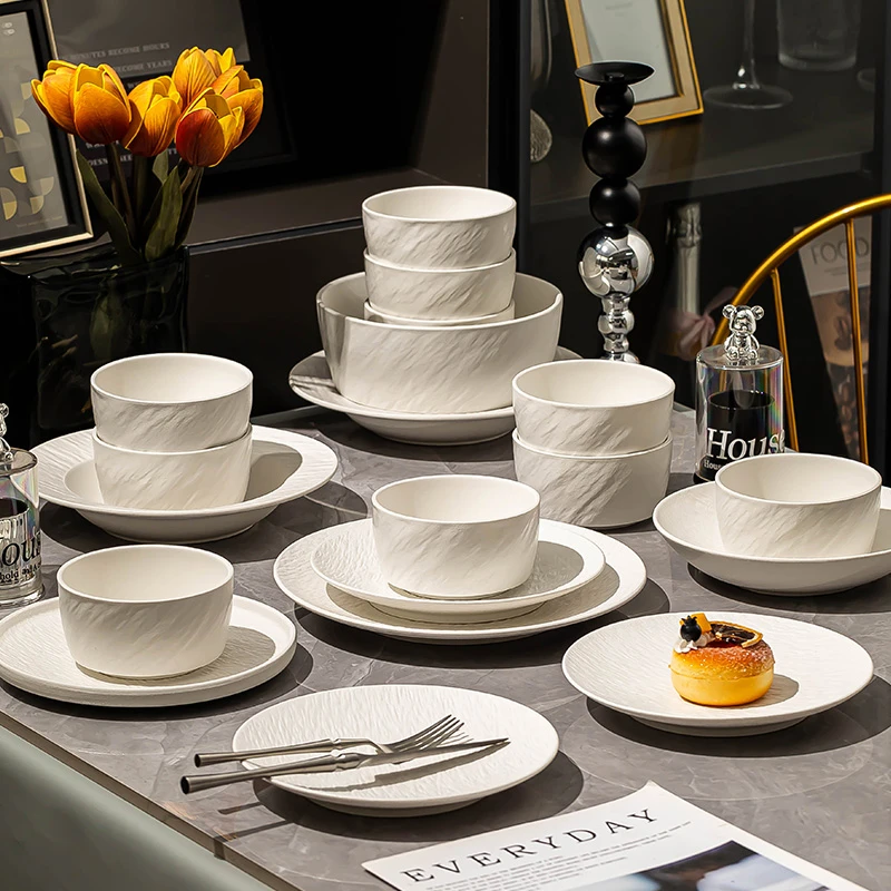 碗盘餐具全套2025新款松弛感家用陶瓷餐具套装乔迁之喜餐具纯白岩