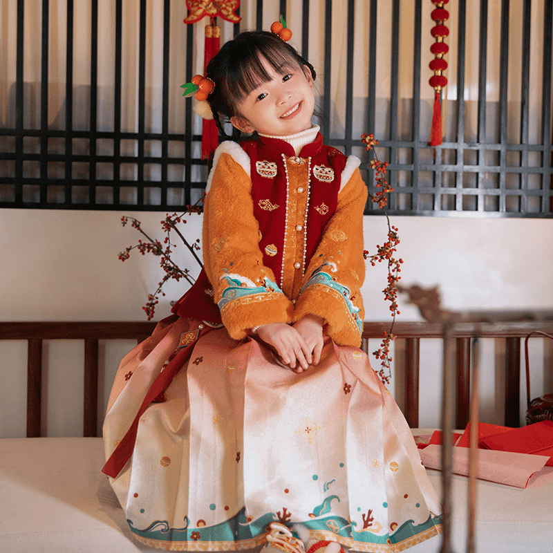 西子问汉服女童【除夜】冬季儿童加厚加绒童装改良套装