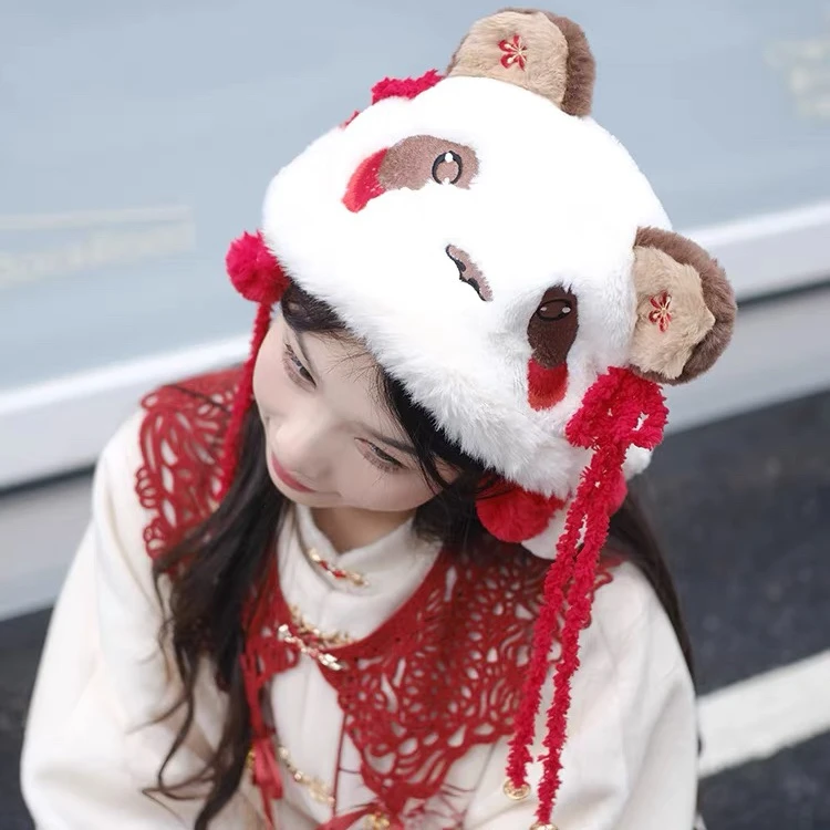 西子问儿童新年中国风冬季加绒保暖亲子熊猫毛绒帽