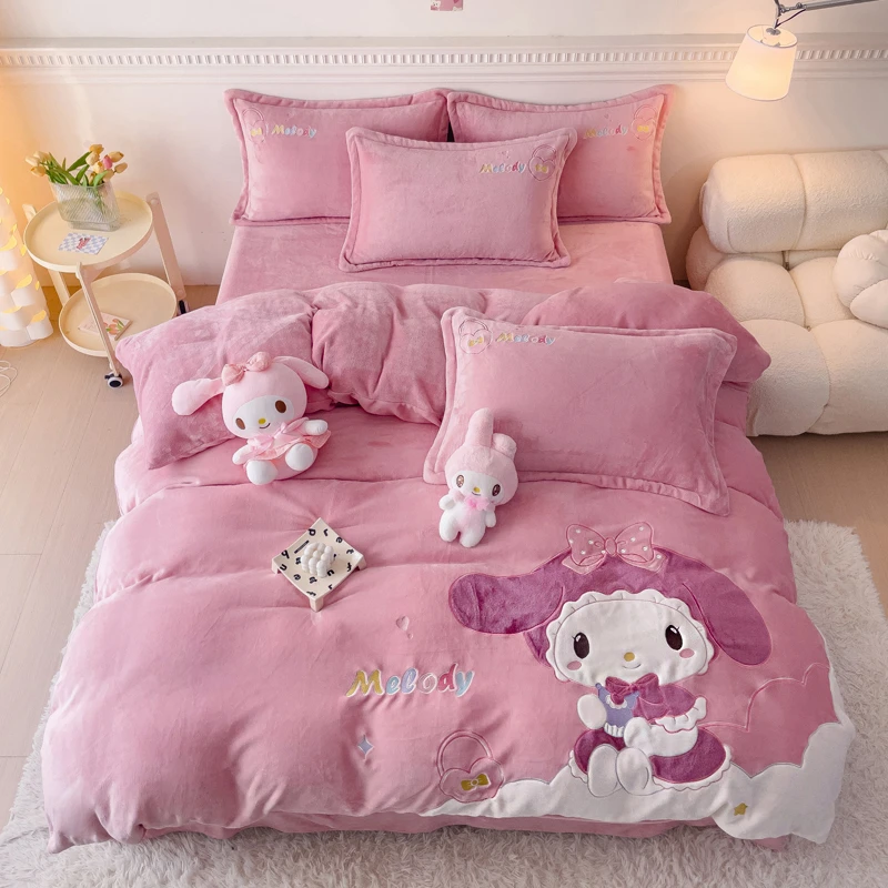 卡通贴布绣牛奶绒四件套冬保暖双面绒加厚被套床单刺绣床上三件套