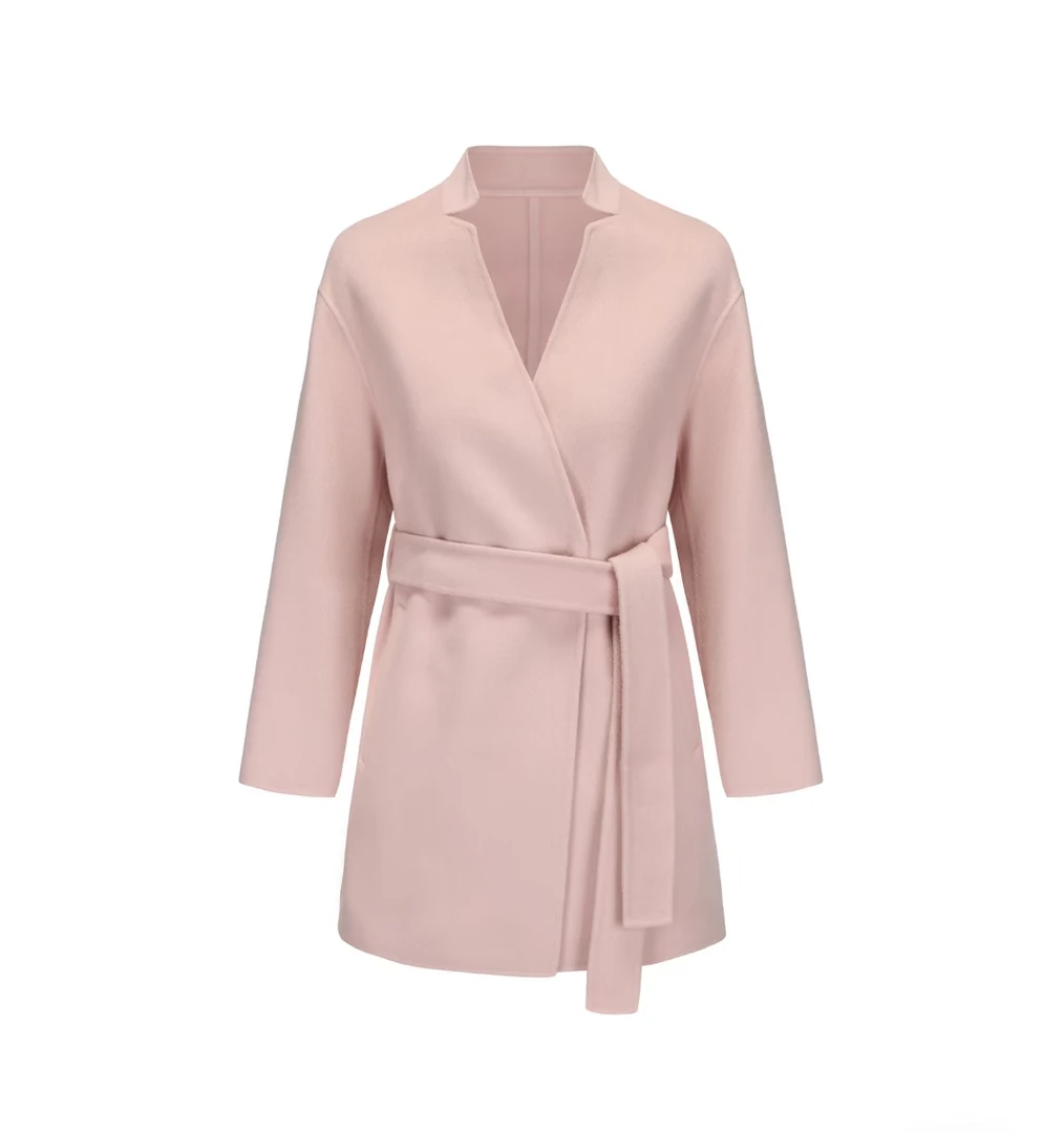 【沈曼品奢】秋冬24款小V领中长款气质大衣双面毛呢外套轻奢女装