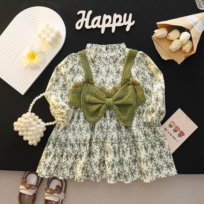 女童春装连衣裙2025宝贝新款女童春装碎花毛线蝴蝶结公主连衣裙