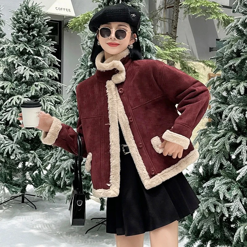 复古立领加厚皮毛一体082毛外套女机车服秋冬685